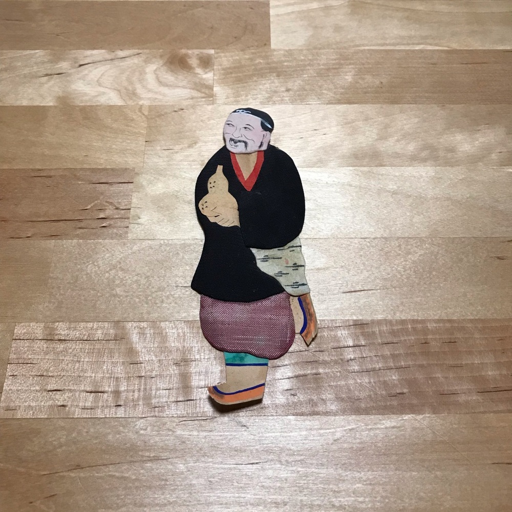 Antique 19th Century Chinese Elder Man Silk & Paper Miniature Doll 6in. x 2in.